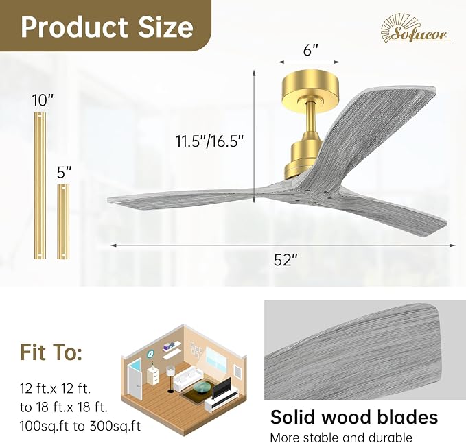 Sofucor 52 Inch Ceiling Fan No Light - Modern Solid Wood Ceiling Fan with Remote, 5000CFM High Airflow, Quiet DC Motor, 6 Speeds, Timer & Reversible for Bedroom Living Room, ETL, Gold