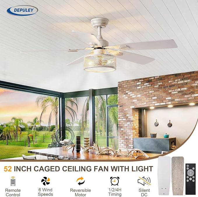 Depuley 52in Ceiling Fans with Lights: 2 Pack White Gold Caged Ceiling Fan with Remote - Farmhouse Ceiling Fan with Dual Finish 5 Blades for Living Room 6 Speeds Timer Reversible E26 Bulbs Included