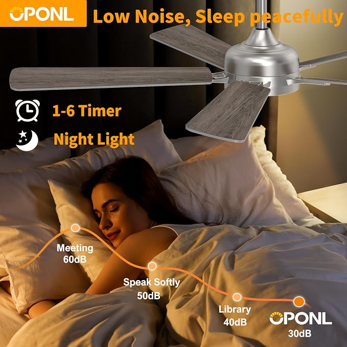 OPONL Ceiling Fan with Light, Ceiling fan with Light and Remote Control, Reversible, 6CCT, Dimmable, Noiseless, Ceiling Fan for Bedroom, Indoor/Outdoor Use, Nickel, 52 inch, Classic