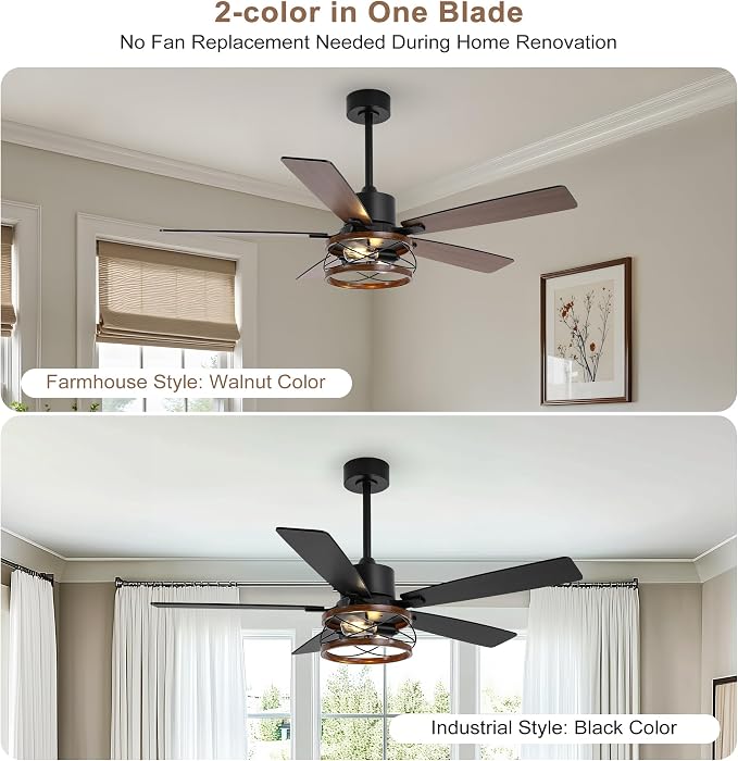 Qcyuui Farmhouse Ceiling Fan with Light 52 Inch Ceiling Fan with Light, Quiet 6-Speed Reversible DC Motor, Dual Finish 5 Blades, Rustic Caged Fandelier Ceiling Fan with Light for Living Room
