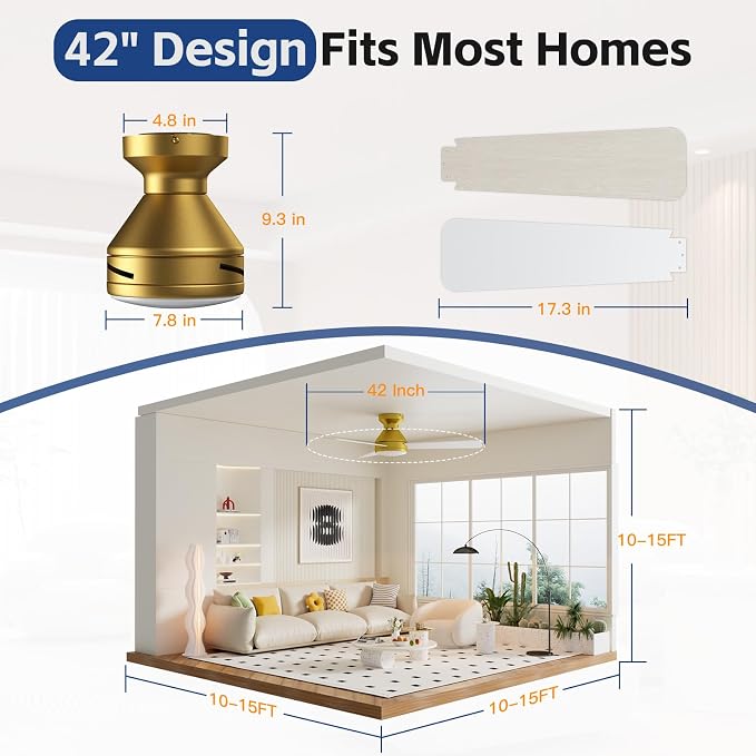 Ceiling Fans with Lights, 42 Inch Ceiling Fan with Light And Remote, 3CCT Flush Moun Low Profile Ceiling Fans, 6 Speed Noiseless LED Ceiling Fan, Advanced Gold Ceilings Fan for Bedroom Living Room
