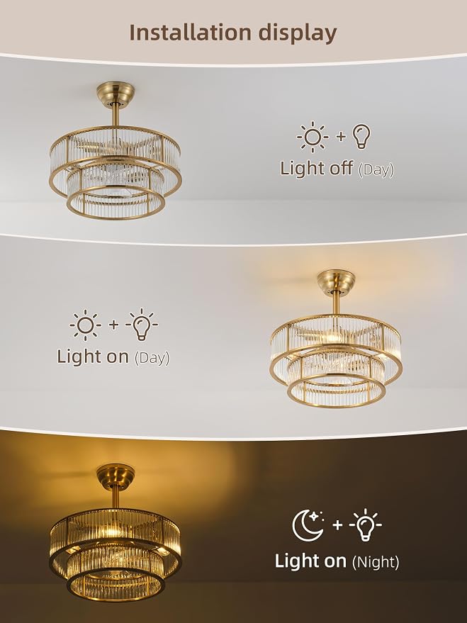 Copper Fandelier Ceiling Fans with Lights, 20" Copper Crystal Chandelier Ceiling Fan with Light Remote Control, Caged Mid Century with 6 Speeds for Bedroom, Living Room, Nursery