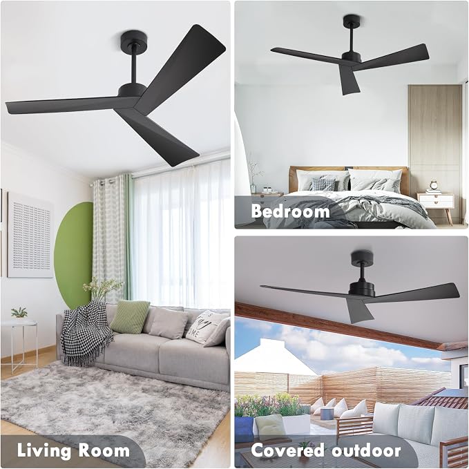 WINGBO 52" DC Ceiling Fan without Lights, Matte Black Ceiling Fan with Remote, 3 ABS Plastic Blades, 6 Speed Reversible DC Motor, Ceiling Fans No Light for Kitchen Bedroom Living Room