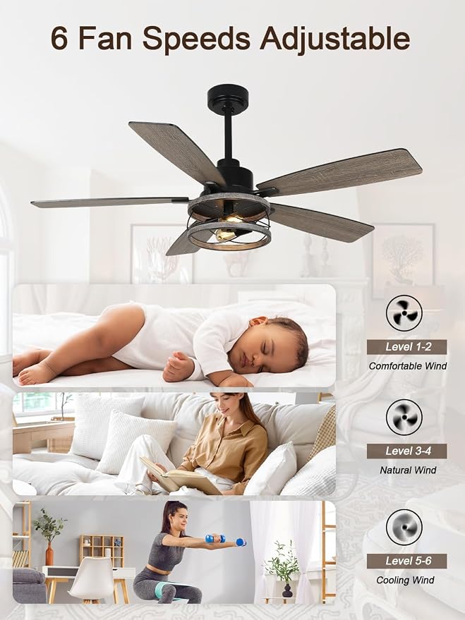 52" Farmhouse Ceiling Fan with Lights and Remote Rustic Fandelier | Wood Caged Fandalier Industrial Chandelier, for Bedroom Living Room, Reversible DC Motor 6 Speed, 3 E26 Bulbs (Not Included)