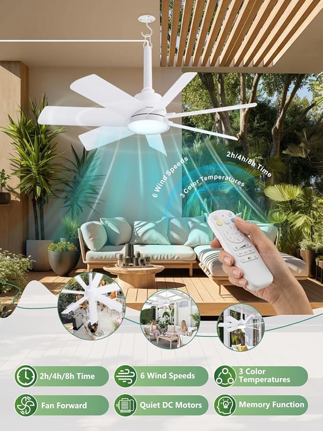 LANMEL Outdoor Gazebo Ceiling Fan with Light and Remote, 28 Inch, White | Plug-In, IP65 Waterproof, Hanging with Hook, 6 Speed, Reversible, 3CCT, Dimmable, Portable, for Patio,Canopy,Porch,RV, 2 Pack