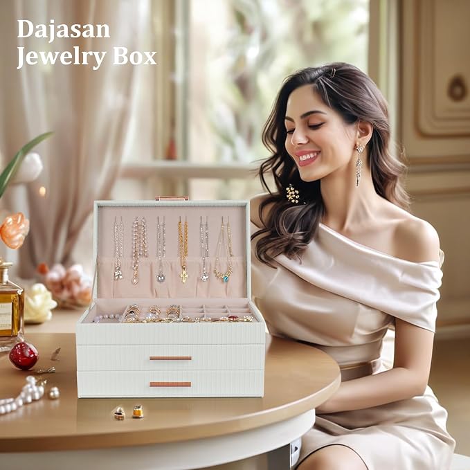 Dajasan Jewelry Box Organizer, 3-Tier Large Jewelry Storage Organizer with 2 Drawers, Space-Saving Jewelry Boxes for Women, PU Leather Surface with Texture, Gift Idea, Modern Style (White)
