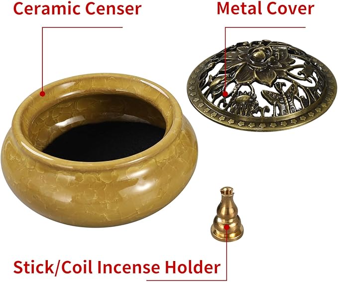 Miupoo Incense Burner and Cone Incense Holder with Brass Incense Stick Holder Ceramic Ash Catcher,Yellow