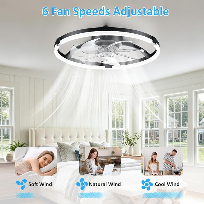 20'' Low Profile Ceiling Fan with Lights, Ceiling Fans with Lights and Remote, 3000-6500K Dimmable Modern Flush Mount LED Fan Lights, 6 Wind Speeds Ceiling Fans for Bedroom