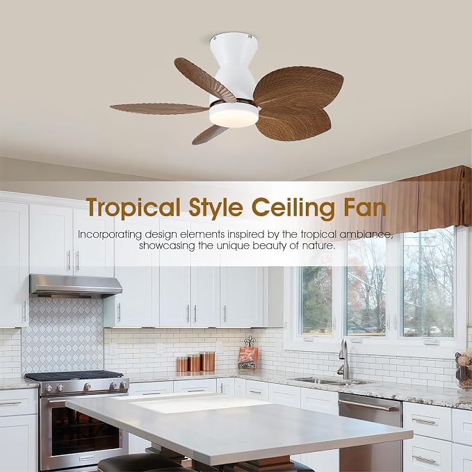 Kviflon Tropical Ceiling Fans with Lights and Remote Control, 30 Inch Low Profile Flush Mount Ceiling Fans, Palm Leaf Ceiling Fan with Light for Small Room Indoor Outdoor, Wood Grain