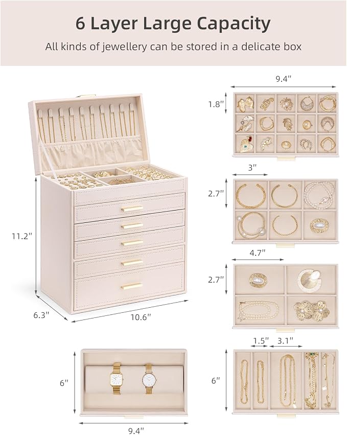 VLANDO 6 Layer Large Jewelry Box - Jewelry Holder Organizer, Jewelry Box Organizer for Drawer Necklace Ring Bracelet and Watch, Birthday Gift for Loved Ones - Pink