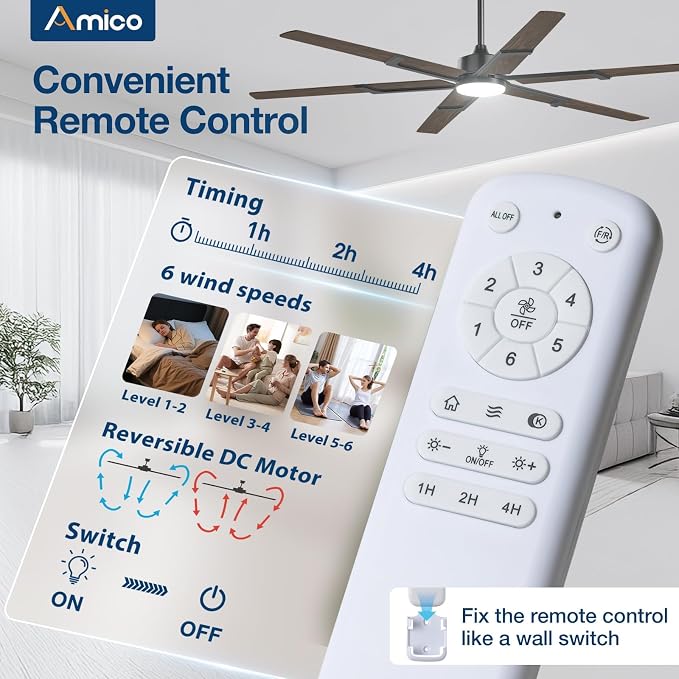 Amico Ceiling Fans with Lights and Remote, 72 Inch Walnut Indoor/Outdoor Ceiling Fan with 6 Speed, Reversible DC Motor, 3CCT, Dimmable, Noiseless modern ceiling fan for Bedroom, Living Room, Patio