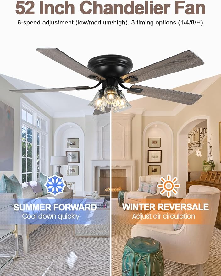 52 Inch Flush Mount Farmhouse Ceiling Fan with Light and Remote Classic Low Profile Ceiling Fan for Living Room Bedroom Patio