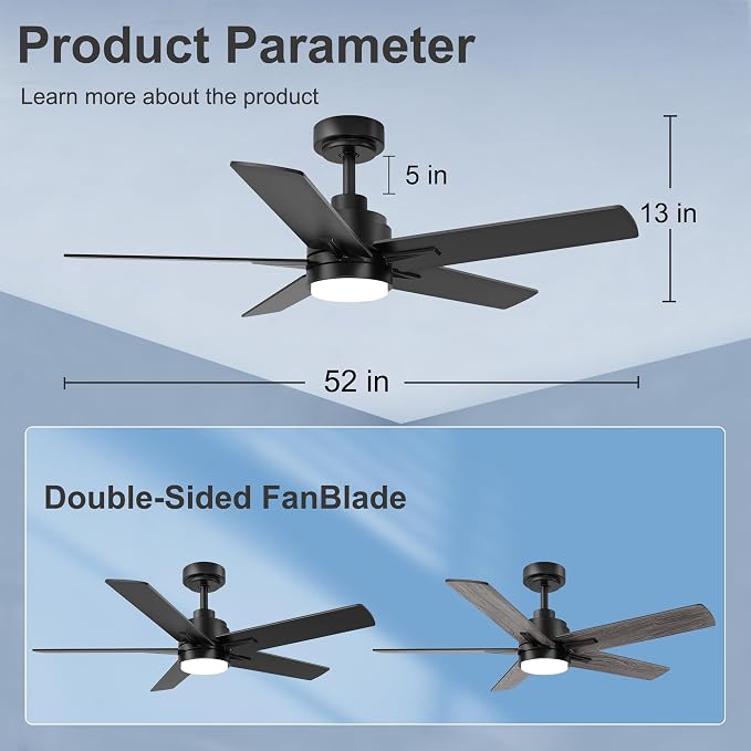 52 Inch Black Ceiling Fan with Light and Remote Control,Dimmable 3 Color Temperatures LED Ceiling Fan,6 Speeds Reversible DC Motor,5 Blades Modern Ceiling Fans for Indoor or Covered Outdoor