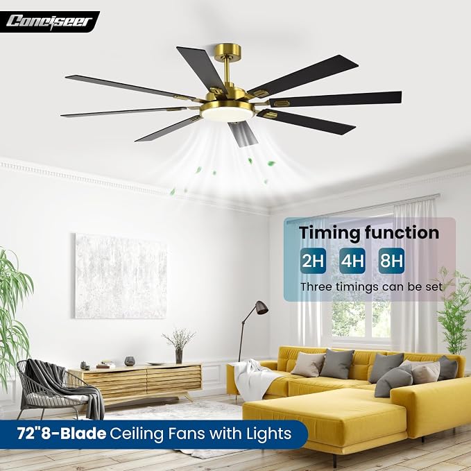 72 Inch Ceiling Fans with Lights and Remote, Dual Color 8 Blades, Bedroom Living Room Office Library Cafe Outdoor Industrial, 3CCT Dimmable, 6 Speed Reversible Quiet DC Motor, Gold/Wood Grain