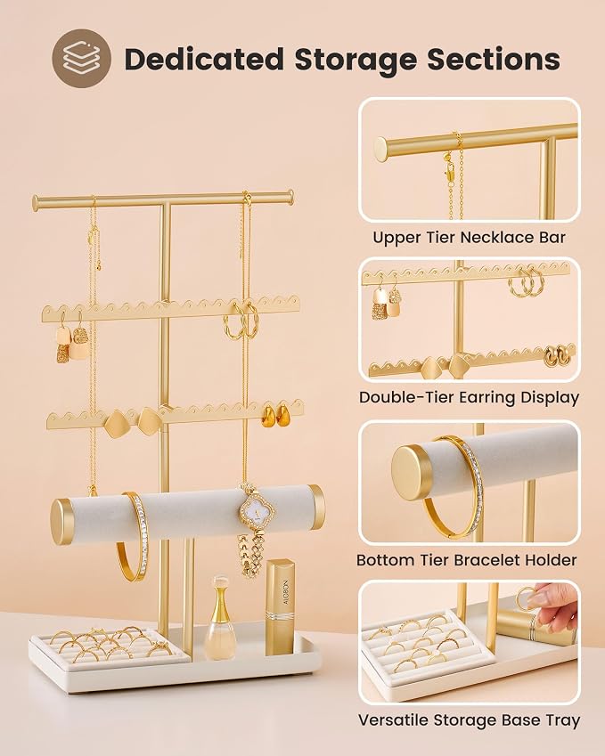 Lolalet Jewelry Organizer Stand, Necklace Bracelet Holder -Gold | Space-Saving Jewelry Display Storage Rack on Vanity Dresser for organizing Earrings Bangels Rings