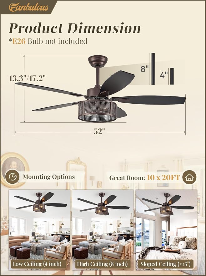 Fanbulous Farmhouse Oil Bronze Ceiling Fans with Lights and Remote, 52 Inch Bedroom Caged Ceiling Fans for Living Room Kitchen，6 Speed Reversible Quiet DC Motor, Dual Finish 5 Blades