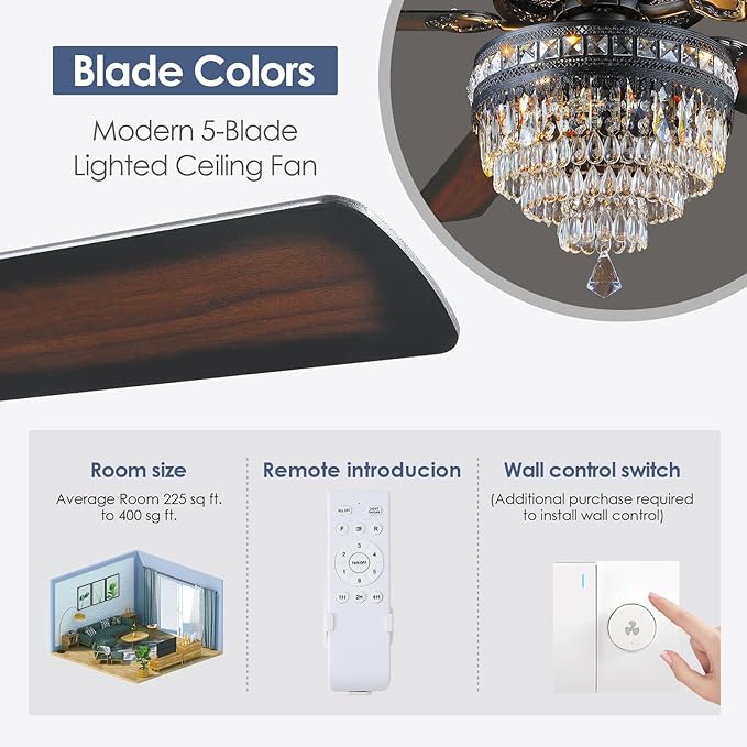 62" Black Crystal Chandelier Ceiling Fans with Lights and Remote Control | Classical Design,6 Reversible Speeds,30W Quiet DC Motor,5 Wooden Blades,3*E12 LED Bulbs Included,for Living Room Bedroom