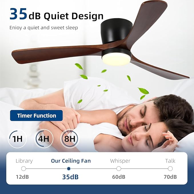 Ceiling Fans with Lights and Remote Control, 42 Inch Solid Wood Blade, Low Profile Flush Mount, LED Dimmable DC Reversible Modern Ceiling Fans with APP Control for Bedrooms, Living Rooms, Patio, Black