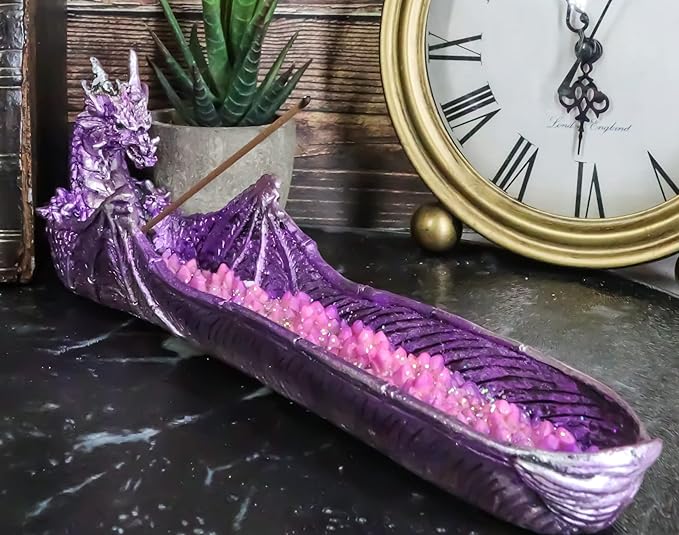 Ebros Gift Magenta Sunset Dragon Guarding Pink Quartz Crystal Quarry River Incense Burner Holder Figurine 10.5" Long Fantasy Mythical Dungeons and Dragons Home Decorative Accent Statue