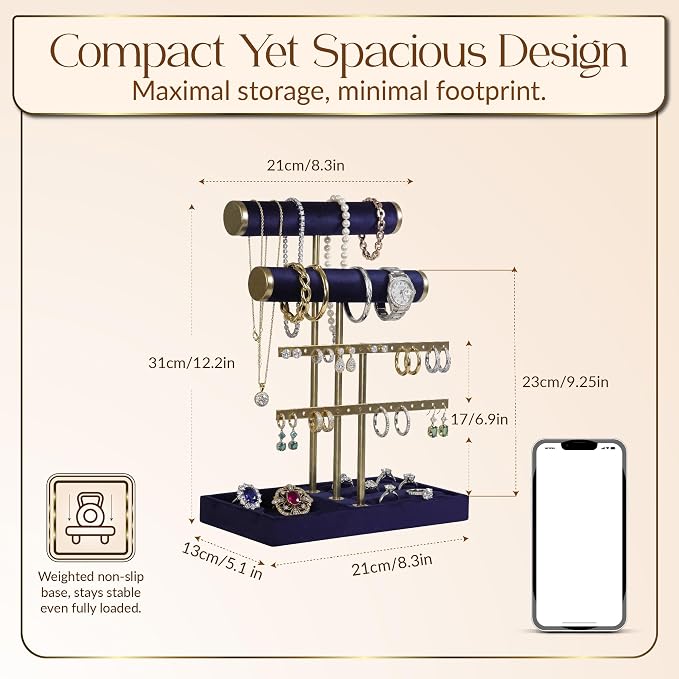 Jewelry Tower Stand Organizer for Women - Soft Touch Velvet Elegant Jewelry Holder Display with Necklace Holder, Earring Organizer & Bracelet Rack - Tabletop Stand for Dresser, Vanity, Desk - Blue