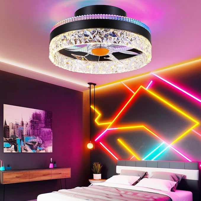 Mpayel 13" Low Profile Ceiling Fan with RGB Light - Modern Bladeless Flush Mount Ceiling Fan with Remote, Quiet DC Motor, 6 Speeds, 3CCT Dimmable LED Light for Kids Room, Bedroom & Bunk Beds
