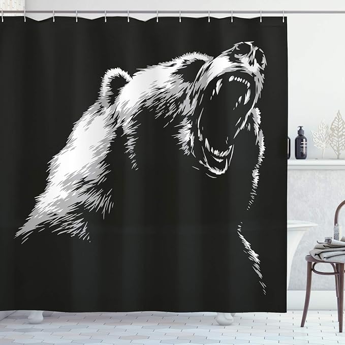 Ambesonne Bear Shower Curtain, Sketch Line Style Roaring Carnivore Fur and Fangs Aggressive Predator Fauna, Cloth Fabric Bathroom Decor Set with Hooks, 69" W x 84" L, Charcoal Grey White
