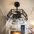 20" Caged Ceiling Fan with Light and Remote App Control, Rustic Hexagonal Downrod Mount Ceiling Fandelier Lights, 6 Speed and Reversible, Farmhouse Industrial Style for Bedroom, Kitchen