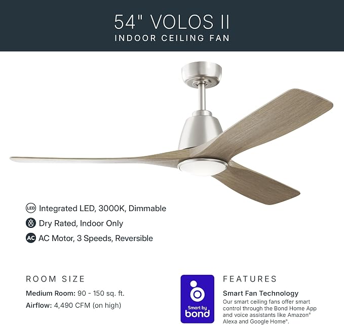 Kichler 54" Volos II 3 Blade Ceiling Fan in Brushed Nickel with Distressed Antique Grey Blades, Easy-to-Install AC Motor, Downrod, 300054-NI