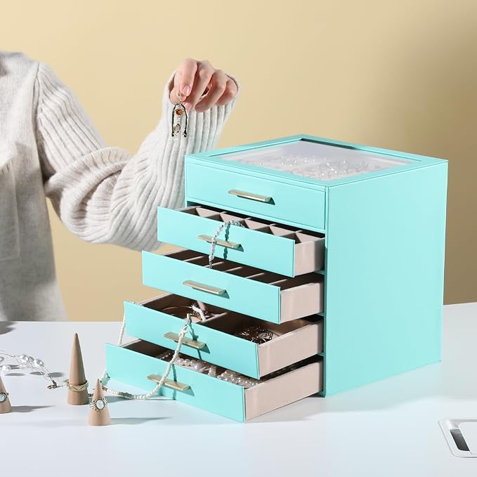 Frebeauty Jewelry Box for Women,Clear Lid Jewelry Organizer with 5 Drawers | Faux Leather,Velvet Lining,5-Layer Large Capacity,Jewelry Storage for Rings Earrings,Dustproof Design,Golden Stylish Handle