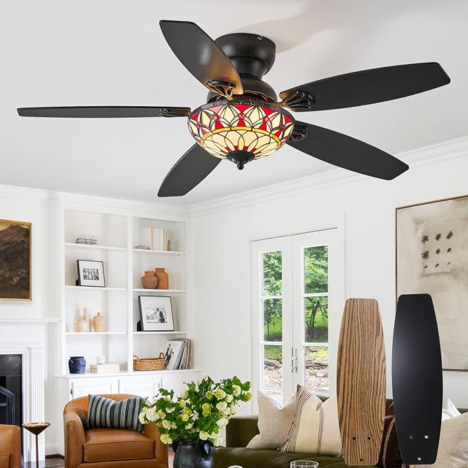 Tiffany Ceiling Fans with Lights - 48" Ceiling Fan Chandelier with 5 Dual-Blades and Glass Shade, 6 Speeds and Reversible, Indoor and Outdoor, Retro Style