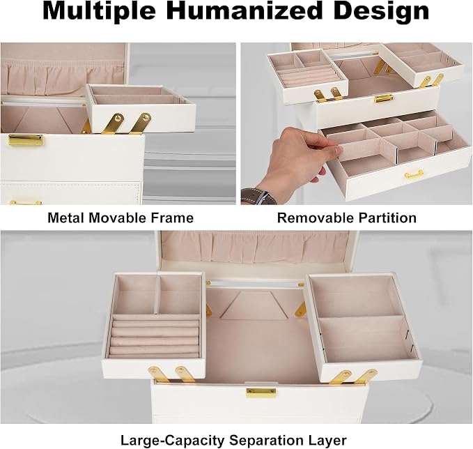 Dajasan Jewelry Organizer Box, Large Jewelry Boxes for Women Girls, Space-Saving 3 Layers Jewelry Storage Case with Drawer, Movable Metal Stand, Modern, Gift Idea (Cloud White + Gold)