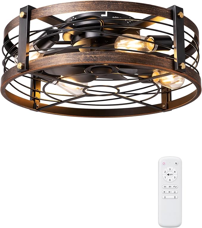 EDISHINE 21" Pre-Assembled Ceiling Fans with Lights Flush Mount, 10%-100% Dimmable, Rustic Low Profile Caged Ceiling Fan with Remote, Small Farmhouse Fan Light Ceiling for Kitchen Bedroom Brushed Gold