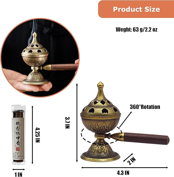 Handheld Incense Burner with 360° Rotating Handle-Chinese Bronze Style Holder for Incense Coils, Yoga Meditation, Home Office Desk Decor