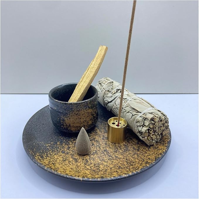 3 in 1 Incense and Candle Holder, Ceramic Palo Santo Burner Sage Burner, Multi Holes Brass Incense Stick Holder, 5.9” Ceramic Ash Catcher Tray, Incense Burner Set for Meditation