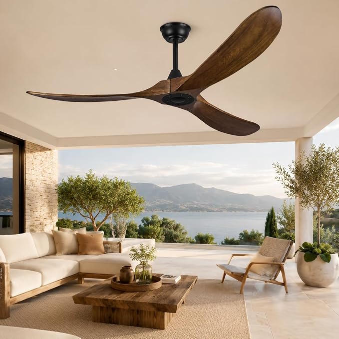 60 Inch Wood Ceiling Fan No Light, 60'' Indoor Outdoor Ceiling Fan without Lights with Remote,High CFM,6 Speeds,3-Blade Reversible ETL DC Motor Fan for Covered Patio Porch Bedroom Living Room, Walnut