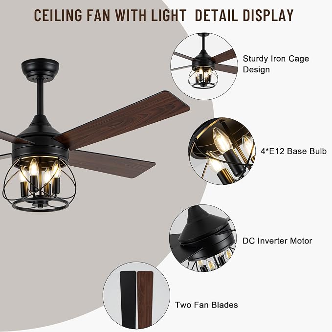 52" Industrial Ceiling Fans with Lights and Remote Control | ReversibleQuiet DC Motor,4 Double Finish Wood Blades,Rustic Ceiling Fan with Light For Porch,Living Rooms,Bedroom