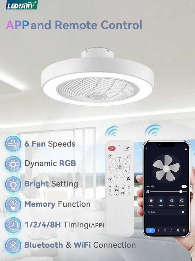 LEDIARY 22 Inch Low Profile Ceiling Fans with Lights, Led Bladeless Ceiling Fan, Remote Control Enclosed Flush Mount Ceiling Fan with Timming, 3000-6000K, 6 Wind Speed-White RGB