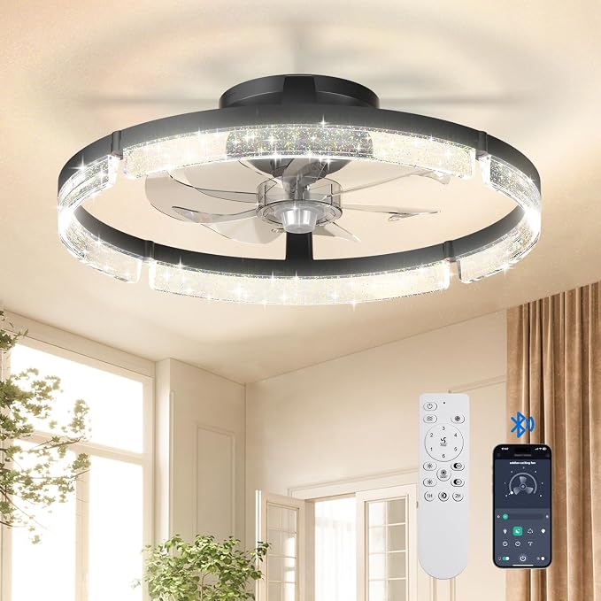addlon Ceiling Fans with Lights and Remote, 20'' Low Profile Ceiling Fans, 3000-6000K Dimmable Modern Flush Mount LED Fan Light, Fandelier Ceiling Fan for Bedroom, Kitchen, Living Room
