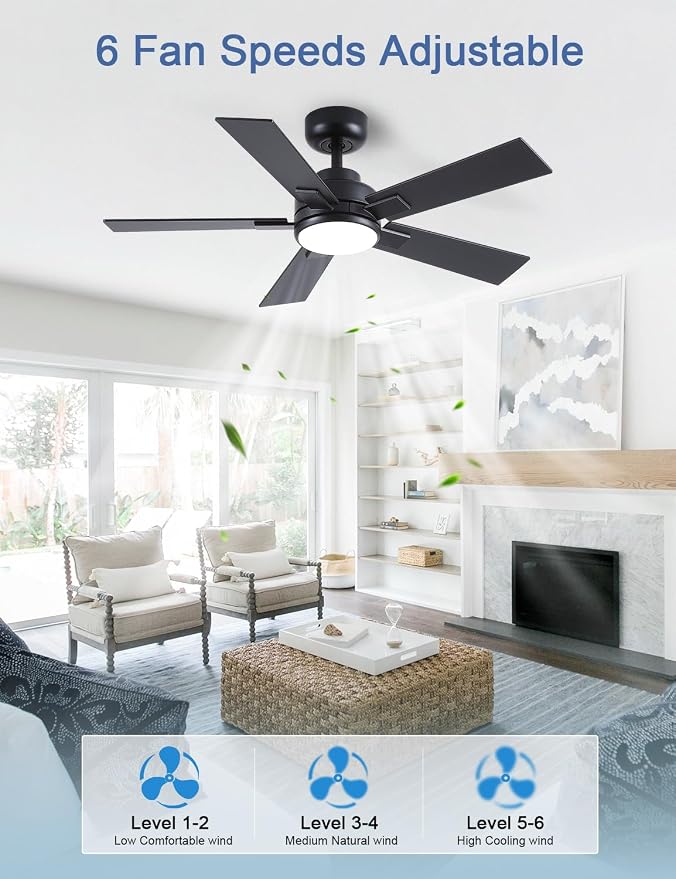 Modern Ceiling Fans with Lights - 42 inch Black Outdoor Ceiling Fan with Light and Remote, Reversible DC Motor, 6-Speed Quiet 3CCT LED Dimmable for Bedroom, Indoor and Outdoor, Patios, ETL Listed