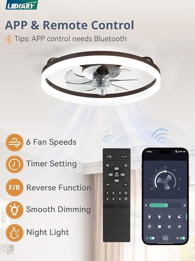 LEDIARY Ceiling Fans with Lights, 20 inch Low Profile Flush Mount Ceiling Fan, Dimmable LED, APP & Remote Control, Quiet Reversible DC Motor, 6 Speeds, Fandelier for Bedroom, Brown