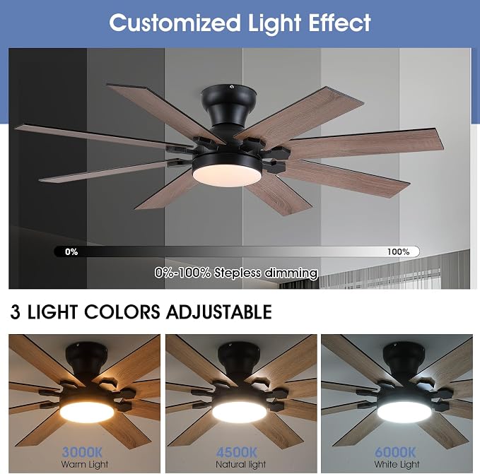 52"8-Blade Black Modern Low Profile Ceiling Fans with Lights and Remote/APP | Supports Remote and APP,6 Wind Speeds, Reversible, Dimmable 3CCT LED Light, 30W Quiet DC Motor,2H Timer,8 Double-Sided Blades