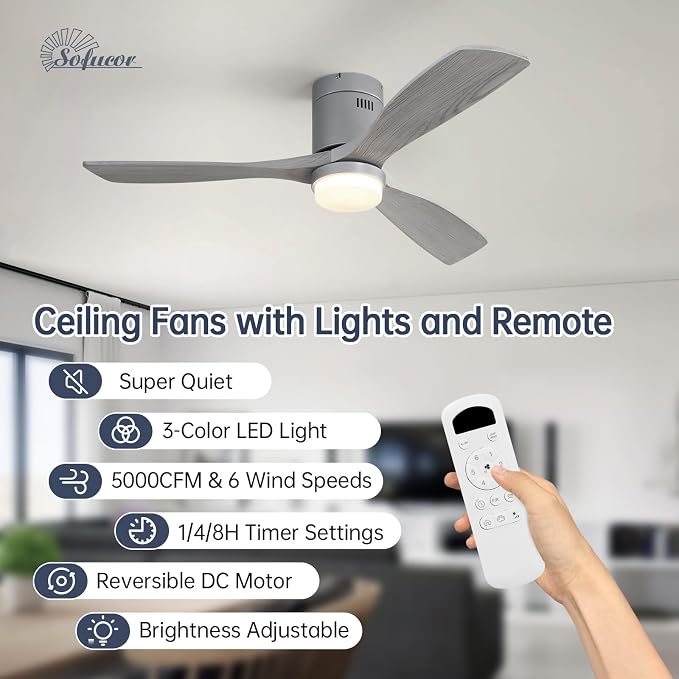 Sofucor 52 Inch Low Profile Ceiling Fans with Light, Modern Flush Mount Solid Wood Ceiling Fan with Airflow 5000CFM, Quiet DC Motor, 6 Speeds, Timer & Reversible for Bedroom Living Room, ETL, Gray