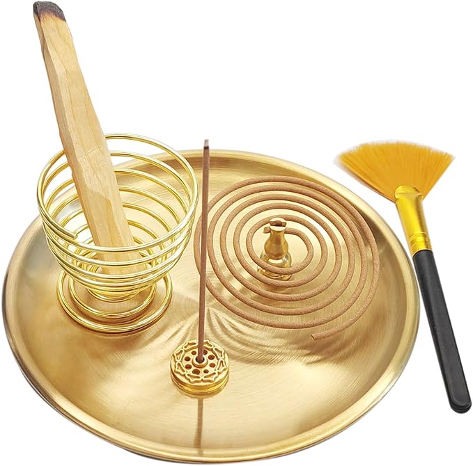 5in1 Incense Holder, Palo Santo Incense Burner, Sage Holder, Incense Burner for Incense Sticks Coil Cones,5.5 inches Ash Catcher for Meditation Yoga Room Home Decor (Brass)