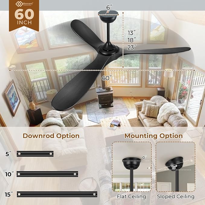 60" Ceiling Fans with Lights and Remote Control, Outdoor Ceiling Fan with Lights High CFM Quiet 3 Blades Propeller Wood Ceiling Fan for Patio,Porch,Farmhouse,Gazebo,Matte Black