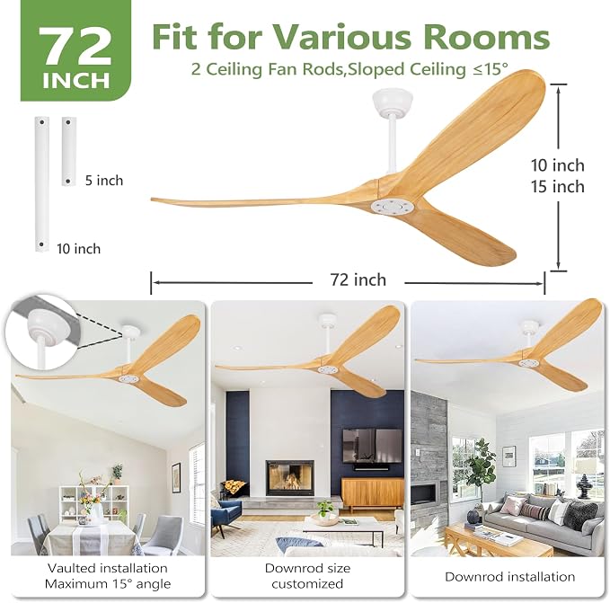 72 Inch Natural Wood Large Ceiling Fans Without Lights,Propeller Outdoor Ceiling Fans Without Lights with Wall Switch and Remote Control,Quiet DC Motor,3 Blades Ceiling Fan for Patios
