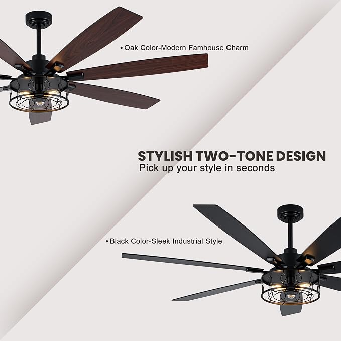 Dawn Whisper 72 Inch Farmhouse Ceiling Fans with Lights Black Industrial Caged Ceiling Fans with 6 Speed Reversible Motor and Dual Finish 8 Blades Rustic Ceiling Fan for Living Room