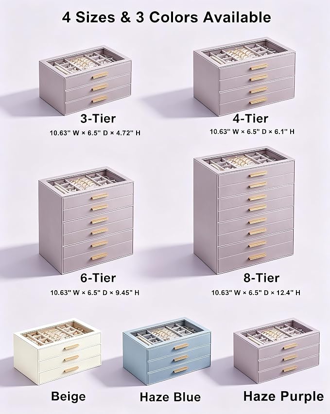 Lolalet Jewelry Box Organizer, 3-Layer Jewelry Organizers and Storage Case with Glass Lid, Ring Earring Bracelet Necklace Holder Organizer, Birthday Valentine Gifts for Women Girls -3Layer, HazePurple