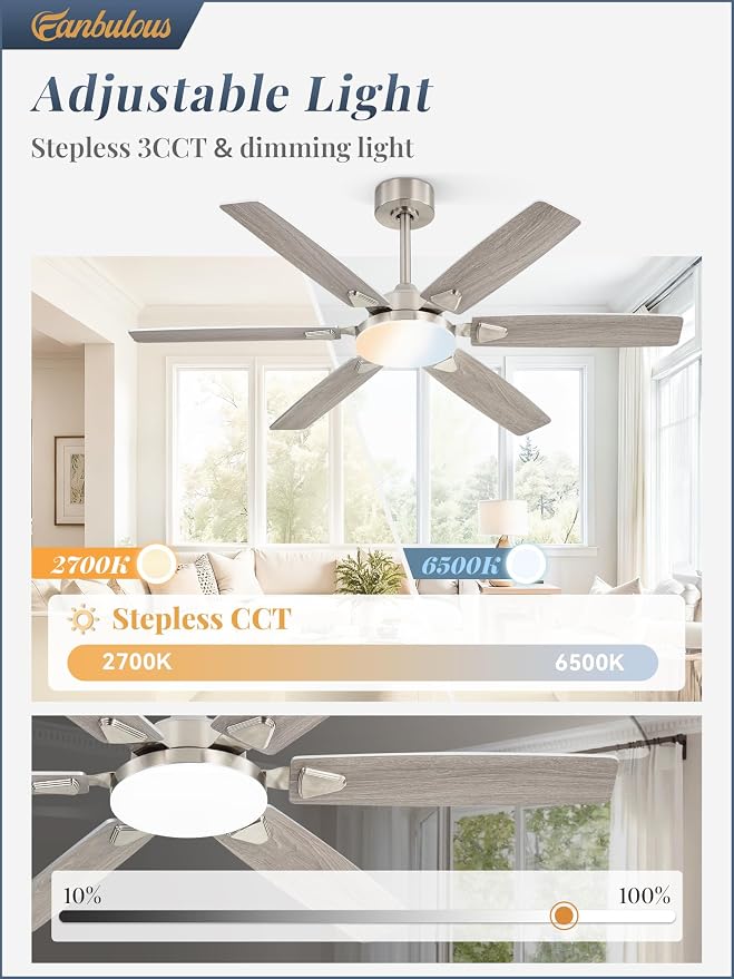 Fanbulous 52 Inch Ceiling Fans with Lights, Indoor/Outdoor Modern Ceiling Fan with Reversible Blade And 2 Rods, Quiet DC Motor, 3CCT & 6-Speed Remote Control, Dual Finish Blade for Living Room/Bedroom