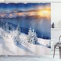 Ambesonne Winter Shower Curtain, Disappearance of Sunrise in Mountain Tops Dramatic Sky Alpine, Cloth Fabric Bathroom Decor Set with Hooks, 69" W x 75" L, Pale Blue