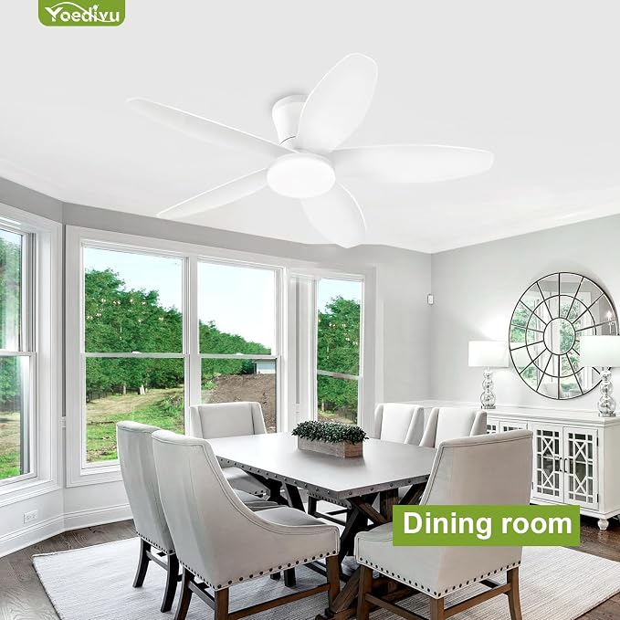 White Ceiling Fan with Light, 42 Inch Low Profile Flush Mount Ceiling Fan 6-Speed Wind, Quiet Reversible DC Motor, 3 Color Dimmable Lighting, Small Ceiling Fans for Living Room/Kitchen/Bedroom